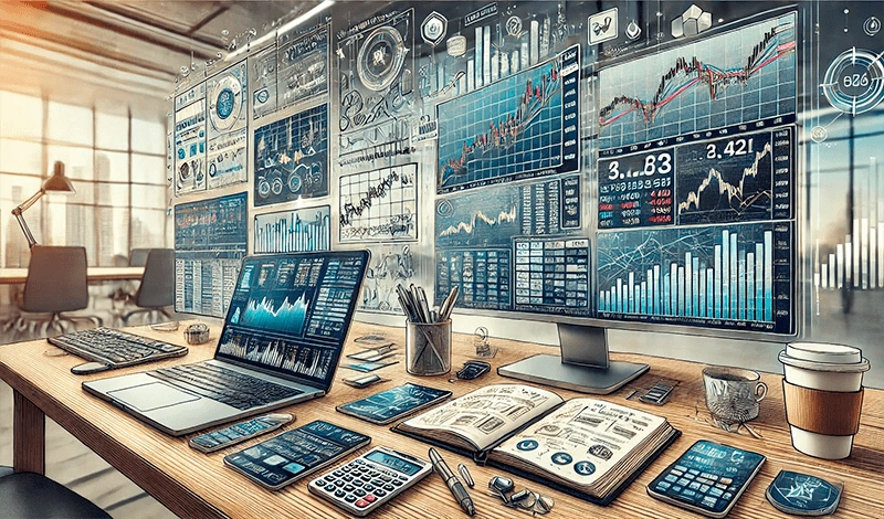 An image depicting essential tools for stock trading, including monitors, charts, and trading equipment.